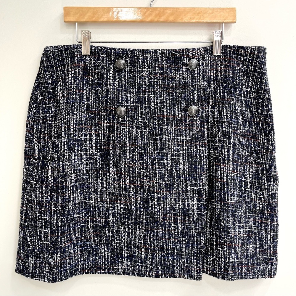 LOFT Tweed Button Faux Wrap Skirt Mini Shift Side Zipper Black Ivory Size 14